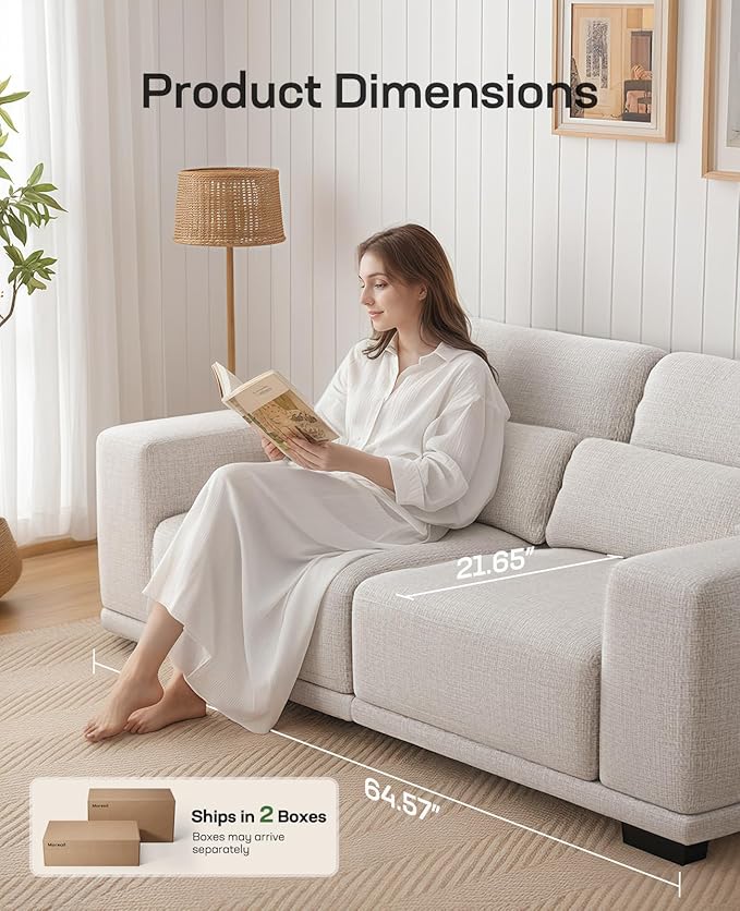 Marsail 65" Sofa Couch, 2-Seater Couches with Wide Armrests & Deep Cushions, Modern Linen Fabric Sofas for Living Room, Comfy Upholstered Couch with Removable Washable Covers, Beige