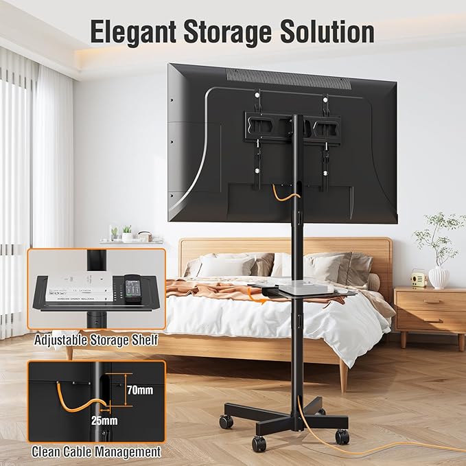ELIVED Mobile TV Stand for 23-60 Inch Flat Screen TVs, Tilt TV Cart with Adjustable Shelf & Locking Wheels, Rolling TV Floor Stand Max VESA 400x400mm, Portable TV Stand Holds Up to 77lbs.