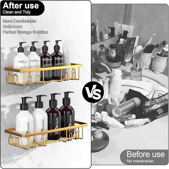 2025 New Adhesive Shower Caddy, Shower Shelves with 16 Hooks, Golden 2 Pack