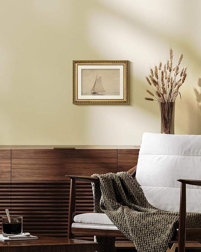 VIYYIEA Gold Framed Wall Art Canvas Print Home Decor for Living Room White Sailboat Seascape Watercolor Vintage Beach Painting on Canvas - Coastal Wall Art Prints for Bedroom Office Bathroom 11x14in