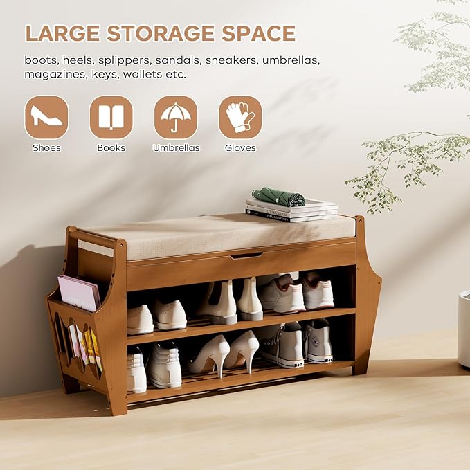 34.3in Shoe Bench, Bamboo 3-Tier Entryway Bench with Storage, Shoe Rack Organizer Holds Up to 330 lb, 34.3 x 11.8 x 18.9 Inches for Entryway Bedroom Closet Living Room Hallway