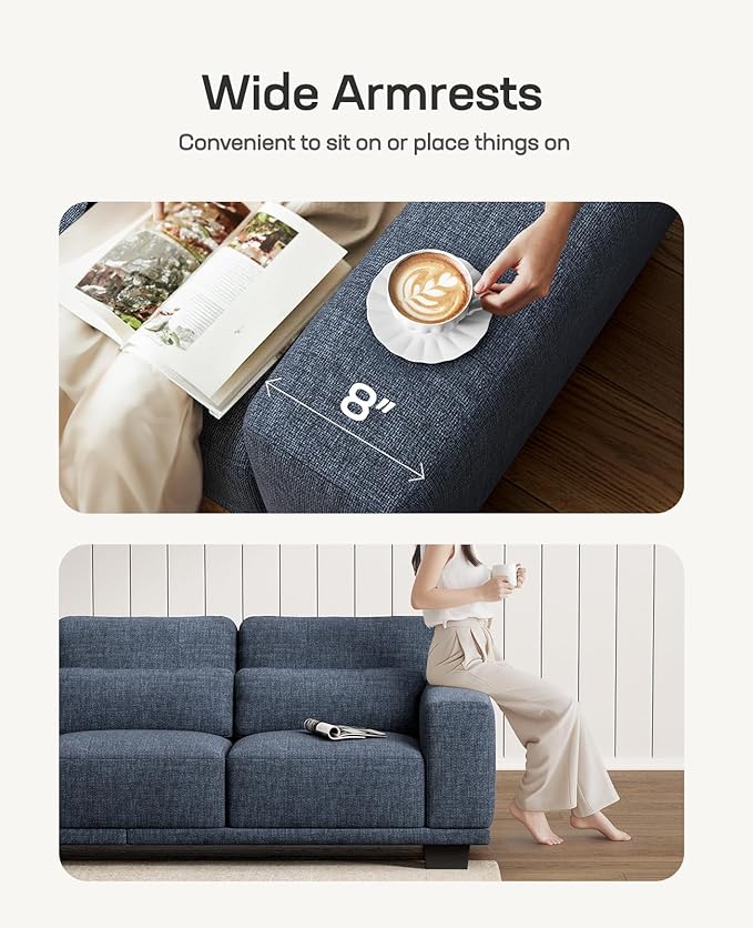 Marsail 40" Sofa Couch, 1-Seater Couches with Wide Armrests & Deep Cushions, Modern Linen Fabric Sofas for Living Room, Comfy Upholstered Couch with Removable Washable Covers, Blue