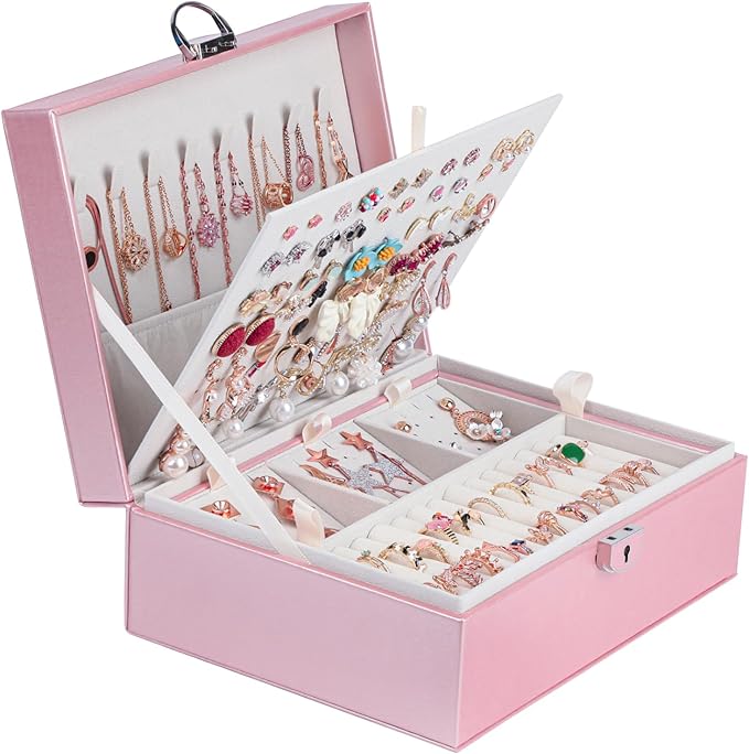 BOOVO Earring Jewelry Box For Women Girl Stud Organizer, 4 Layers Girl Jewelry Organizer Box With Lock Earring Holder Organizer Necklace Ring Jewelry Organizer Box For Girls (Rose Gold, 4 layer)