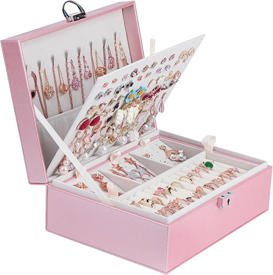 BOOVO Earring Jewelry Box For Women Girl Stud Organizer, 4 Layers Girl Jewelry Organizer Box With Lock Earring Holder Organizer Necklace Ring Jewelry Organizer Box For Girls (Rose Gold, 4 layer)