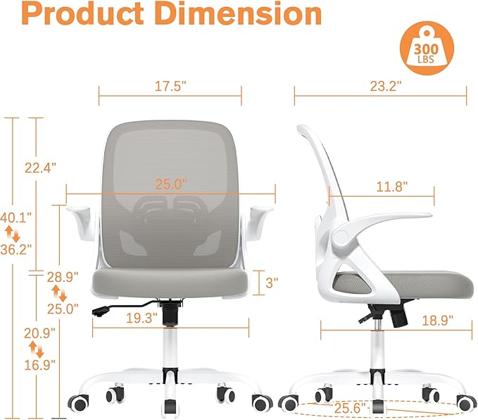 Home Office Desk Chair with Supportive Lumbar Support and Flip up Arms, Breathable Double Mesh Ergonomic Home Desk Chair for Home or Work with Extended Height(Gray)