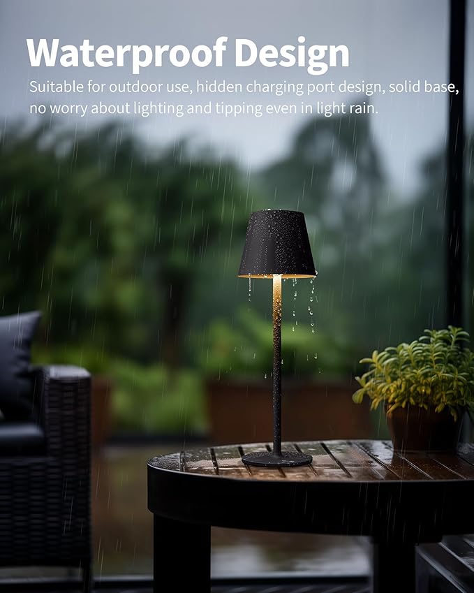 PUSU Cordless Rechargeable Table Lamp Set of 2, 4000mAh Battery Powered LED Desk Lamp, 3 Color Stepless Dimming Up, Portable Table Light Lamp for Bedroom Restaurant Outdoor (Black)