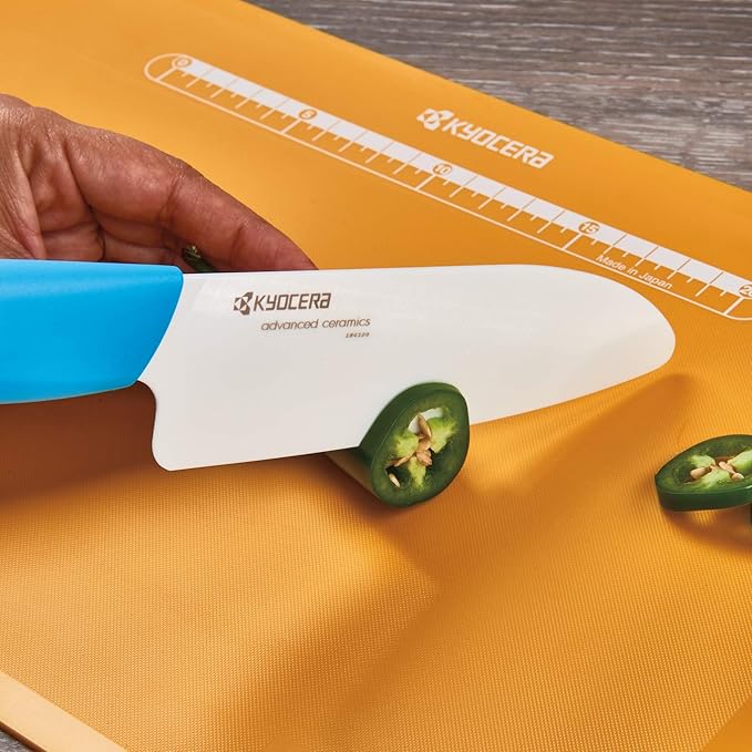Kyocera’s Revolution Series 5.5” Ceramic Santoku Knife, Chef Knife For Your Cooking Needs, Blue Handle, White Blade