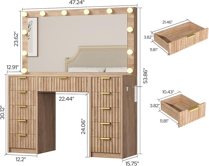 11 Drawers Fluted Vanity Desk with Glass Top, 47" Makeup Vanity with Large Mirror and 12 LED Lights, Dressing Table with Power Outlet for Bedroom, Natural