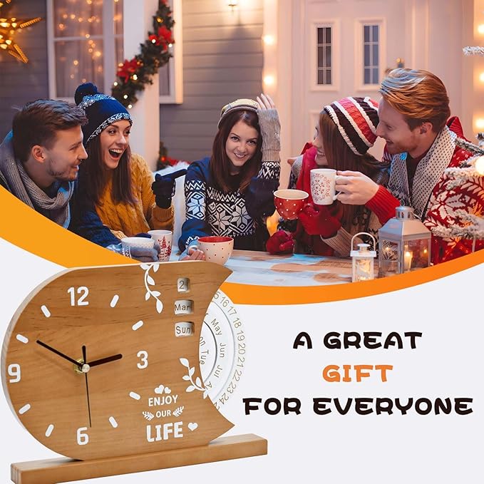 2-in-1 Wooden Analog Clock & Calendar - Silent No Ticking Desk Clocks Perpetual Calendar for Office, Bedroom, Study - Vintage Home Shelf Table Decor - Flip Date, Month & Day of The Week