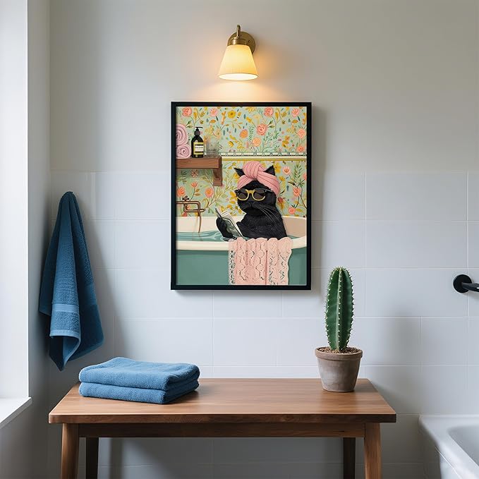 Framed Vintage Cat Canvas Wall Art, Funny Pink Animal Reading Books Painting Picture Print, Cute Kitten Lovers Aesthetic Wall Decor for Nursery Girls Room Bedroom Kids Room 16''L x 12''W