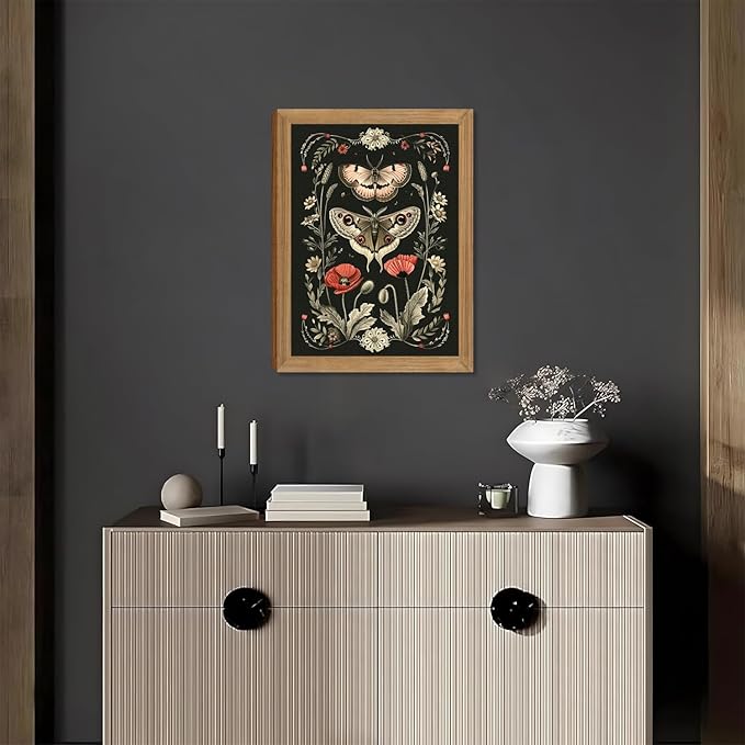 AKWISH Vintage Framed Wall Art - 3D Textured Classical Style Moth Pictures Wall Decor - Hand Drawn Flowers Nature Art Painting for Living Room Bedroom Home Decor 16x24in