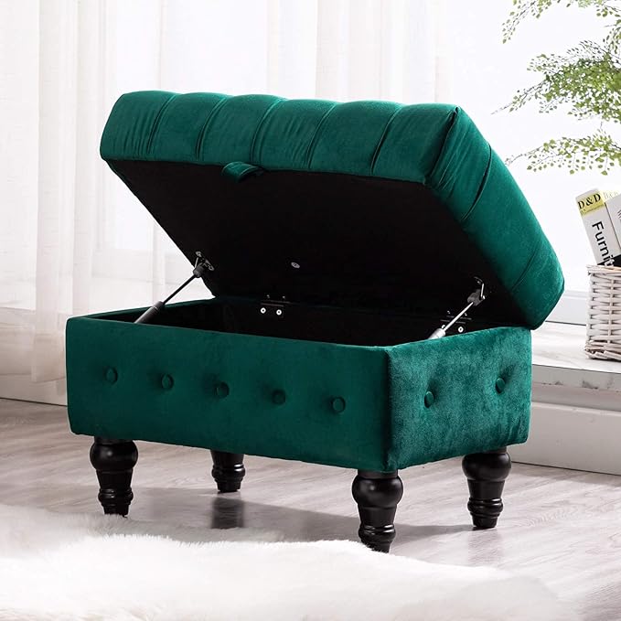 Artechworks Button Tufted Storage Ottoman, Velvet Upholstery Footstool Bed Ottoman for Living Room, Home Office, Space-Saving Storage Toy Box Coffee Table Stool, Green