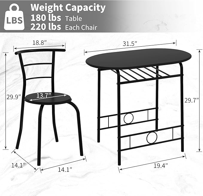 VECELO 3-Piece Dining Table Set for Kitchen Breakfast Nook, Wood Grain Oval Tabletop and Metal Frame with Built-in Wine Rack, for Small Spaces, Black