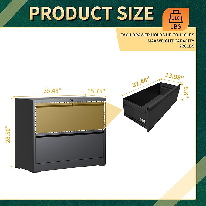 2 Drawer Lateral File Cabinet with Lock, Metal File Cabinets for Home Office, Steel Heavy-Duty Filing Storage Cabinet for Letters/Legal/A4 (Require Assembly, Black)