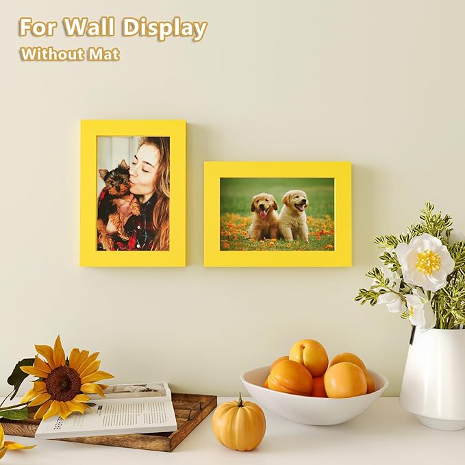 KINLINK 4x6 Picture Frames Yellow, Solid Wood Frames with Acrylic Plexiglass for 3.5x5 with Mat or 4x6 without Mat, Tabletop and Wall Display Photo Frame, Set of 4
