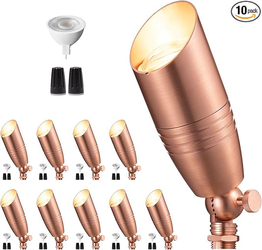 Low Voltage Spotlight LED - 12V Copper Outdoor Light Fixture Weather Proof, Brass Landscape Lights Hardwired, Coastal for Flag Sign with Warm White MR16 Removable Bulbs (10 Pack)
