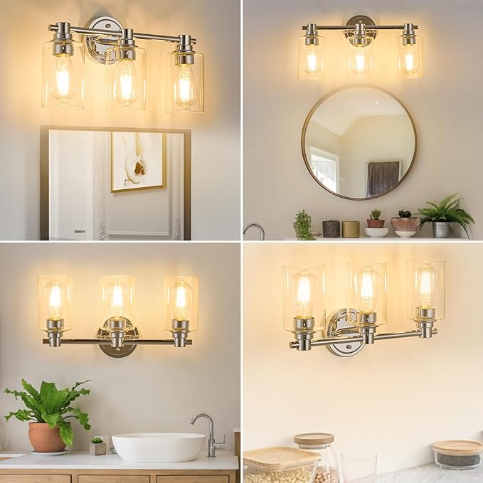 Bathroom Light Fixtures Wall Sconce Light with Clear Glass Chrome 3 Lights Bathroom Lighting Over Mirror Vanity Lights for Living Room,Bedroom,Restroom,Hallway E26 Base