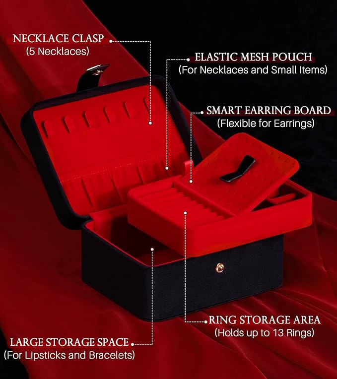 Homde Jewelry Box Small for Women: Ring Earring Organizer Storage for Dresser - Necklace Bracelets Holder with Multi Compartments(Black + Red)