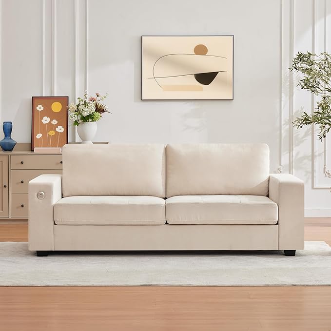 Garvee 90" Chenille Fabric Sofa Modern Comfort Sofa with USB/Type-C Ports, Deep Seat Cushions, Removable Cover, Wide Armrests Ideal for Living Rooms, Small Spaces, and Apartments - Beige