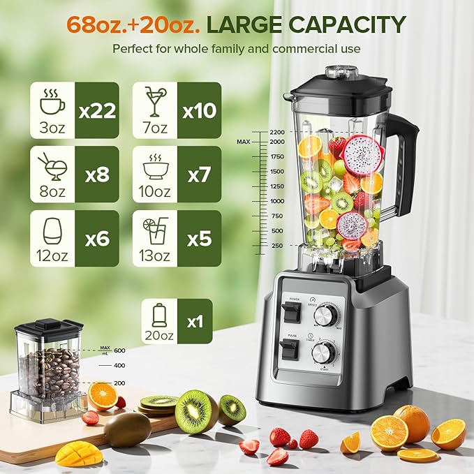Blender Smoothies, 2-in-1 Blender & Grinder Combo, Smoothie Maker, 1800 Peak Watts, 68 Oz Large Capacity, BPA-Free Countertop Blender for Ice Crushing, Frozen Drinks
