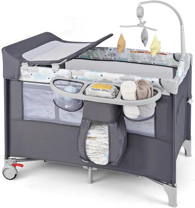 BABY JOY 5-in-1 Pack and Play, Portable Baby Bedside Sleeper with Bassinet, U-Shaped Diaper Changer, Safety Strap, Side Zipper Entrance, Hangings, Bedside Crib Playard from Newborn to Toddlers (Gray)