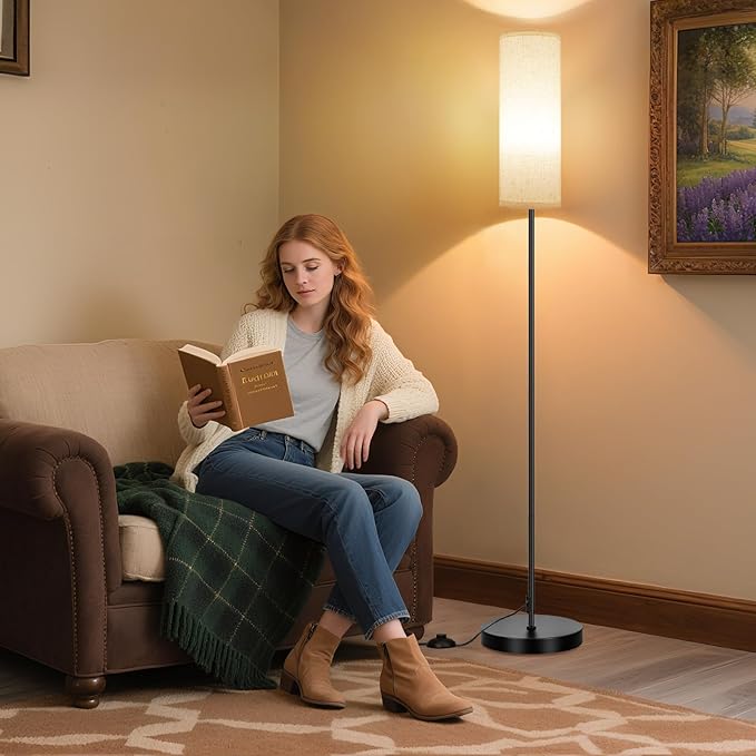 FRIDEKO HOME Floor Lamp with Beige Shade, Simple Design with Foot Pedal Switch, Small Tall Lamps for Living Room Bedroom Office, Corner Floor Stand Light with Black Pole Lamp (No Bulb/No Remote)