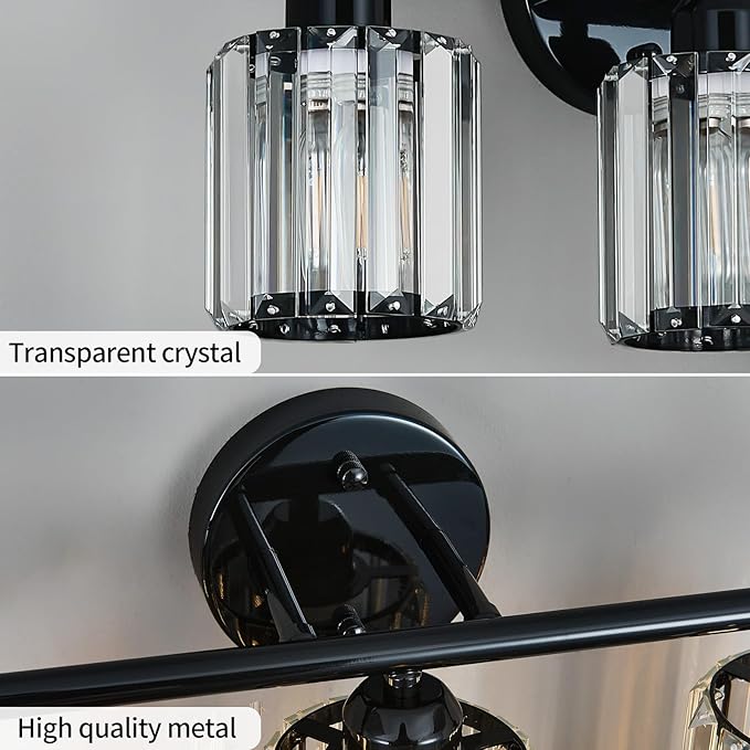 Modern 3 Light Crystal Vanity Light, Plating Black Vertical Bathroom Light Fixture Over Mirror for Dressing Table Sink, Compatible with Dimmable Bulbs (Bulbs Not Included)