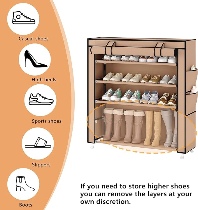 Laiensia 5-Tier Vertical Shoe Rack Organizer, Space Saving Shoe Storage Organizer, Non-Woven Cover Shoe Shelf Holds 20-25Pairs for Bedroom, Hallway, Closet Entryway, Brown