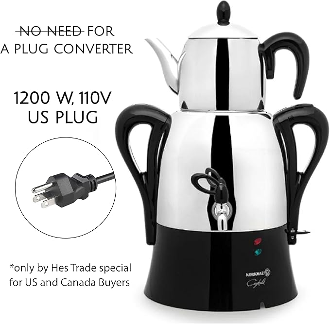 Korkmaz Caykolik A341-14 Stainless Steel Samovar, Upper Pot 1.1 L (37.1 Oz), Bottom Pot 3 L (101.4 Oz) Electric Turkish Tea Maker Set, Double Pots, Inox, Chrome, Black 110 V US Plug, 4.3- Quart