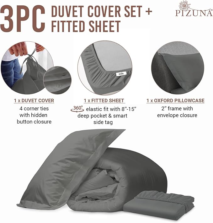 Pizuna 100% Cotton Twin 2 Pc Duvet Cover + 1 Pc Fitted Sheet Set 400 Thread Count Dark Grey Sateen Weave Luxurious Long Staple Cotton 4 Piece Bedding Set -1 Duvet Cover, 1 Pillow Sham, 1 Fitted Sheet