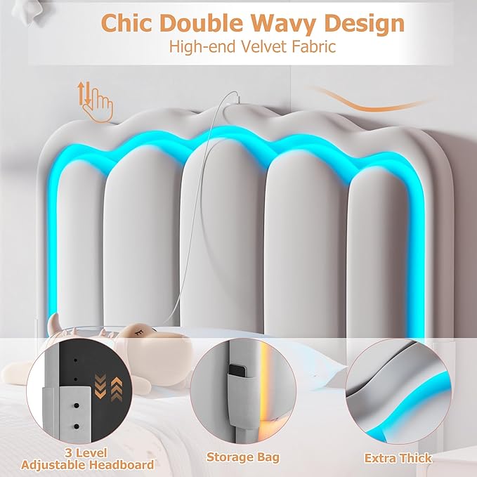 Twin Upholstered LED Bed Frame with Storage Drawer and Adjustable Chic Double Wavy Headboard, Velvet Princess Platform Bed for Girls/Kids, Solid Wood Slats Support, No Box Spring Needed, Grey