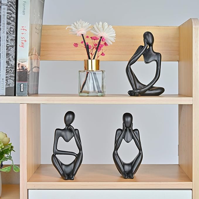 BOPART 3Pcs Thinker Statues Black Decor for Home, Office or Living Room, Resin Black Figurines Sculptures for Floating Shelf, Coffee Table Decoration