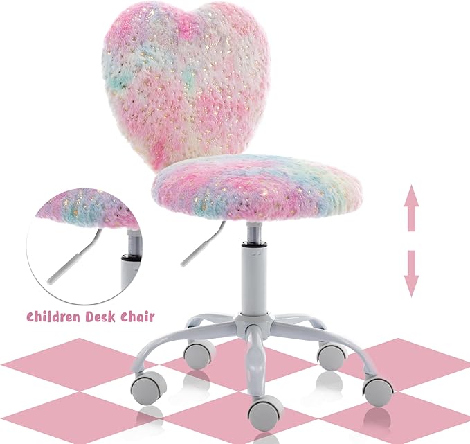 Kmax Kids Reading Chair, Rolling Cute Desk Chair for Girls Swivel Office Chair with Wheels & Heart Back Adjustable Childrens Vanity Chair for Bedroom Reading Room - Faux Fur, Colorful