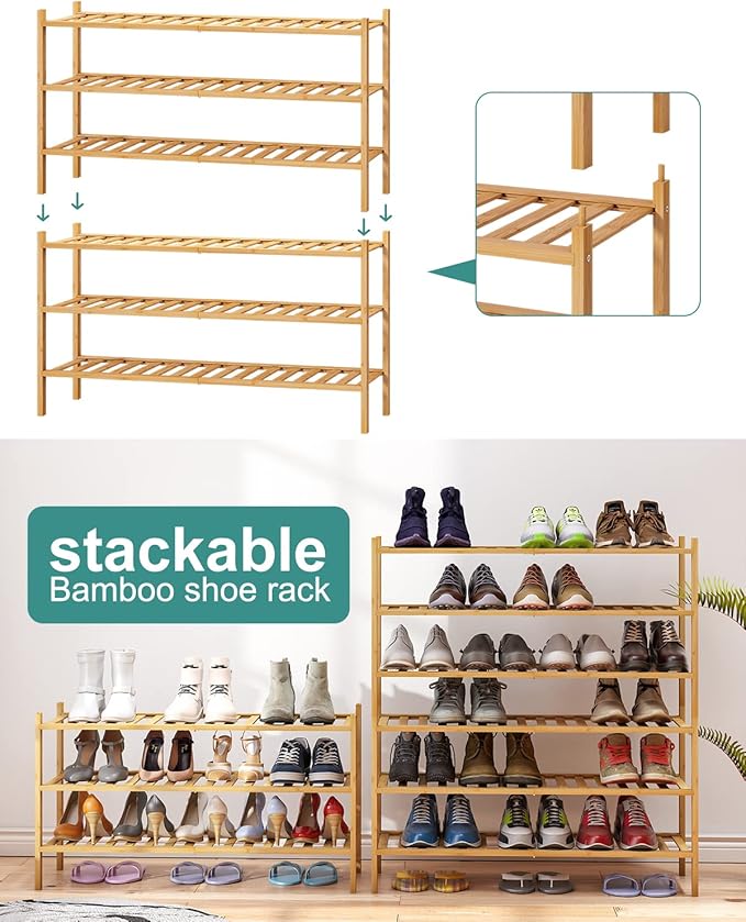 3-Tier Long Shoe Rack, Bamboo Wood Shoe Rack for Closet, Entryway & Hallway, Stackable | Beautiful | Functional | Sturdy
