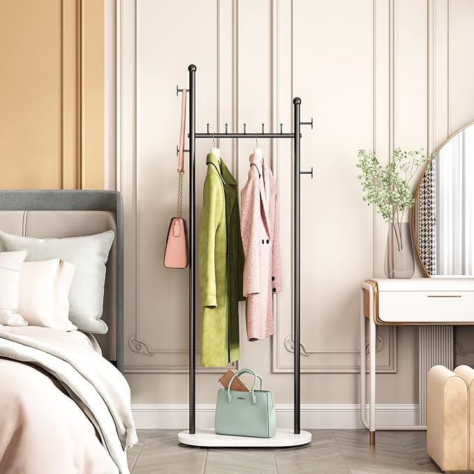 DR.IRON Black Clothing Racks with Marble Base Modern Coat Racks Freestanding Black Clothes Rack with Shelves for Bedroom Heavy Duty Garment Racks in Hallway, Entryway