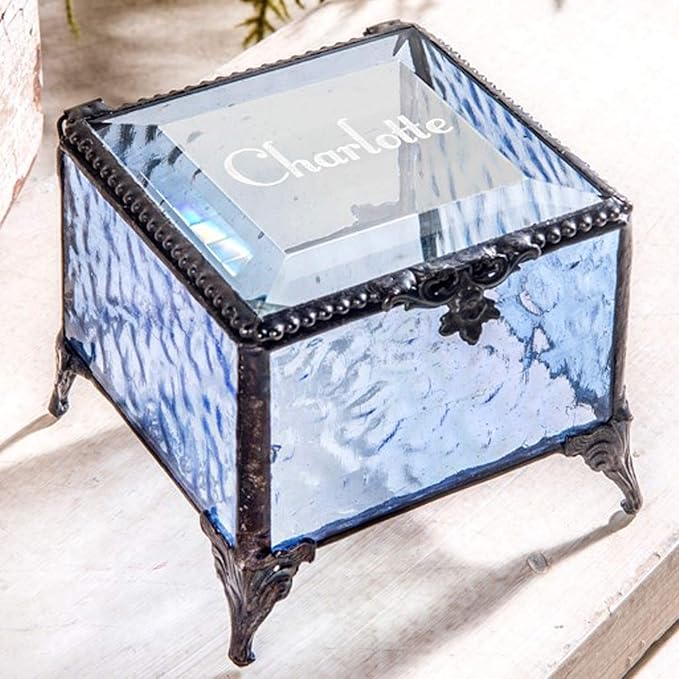Personalized Engraved Jewelry Box Decorative Vanity Display Stained Glass Keepsake -J Devlin Box EB217-1 (Blue)