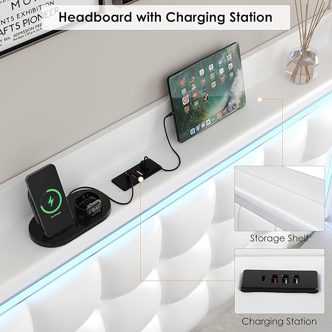 Keyluv Upholstered Queen Floating Bed Frame with LED Lights and Charging Station, Pu Leather Platform Bed with Button Tufted Storage Headboard, Type-C & USB Charging Ports, No Box Spring Needed, White