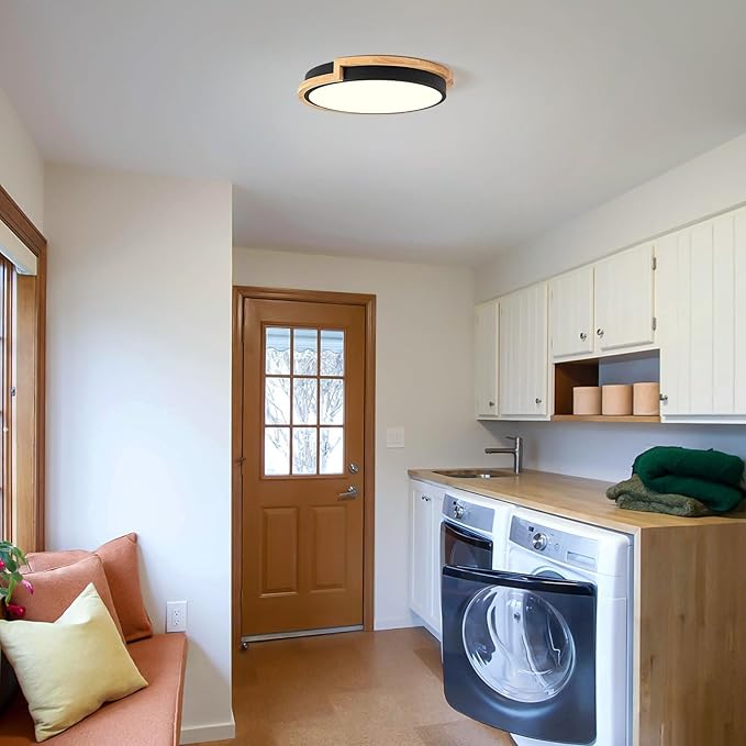 Dimmable Wood LED Flush Mount Ceiling Lights, 5CCT 2700K-6000K Black Hallway Lighting Fixtures, Minimalist Circular Ceiling Lamp for Bedroom Laundry Room Kitchen Entryway