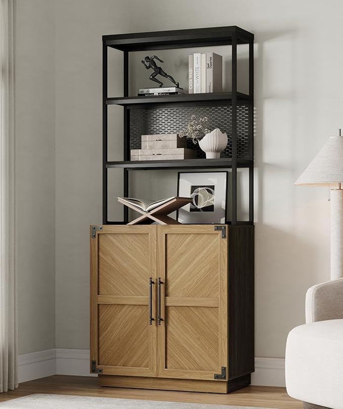 SICOTAS Book Shelf 5 Tier Bookcases - 75.3” Tall Bookshelves with Storage, Large Modern Freestanding Display Cabinet Farmhouse Book Case for Living Room, Home Office, Dining Room, Kitchen