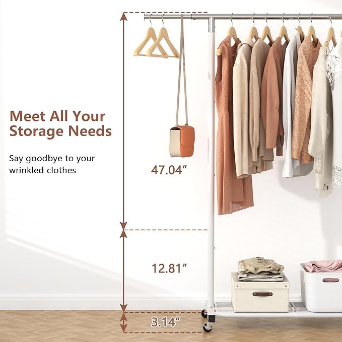 JIUYOTREE Rolling Clothes Rack with Dense Mesh Storage Shelf Clothing Garment Rack with Wheels Width Adjustable Clothing Organizer for Hanging Clothes Shirts Pants Skirts and Bags White