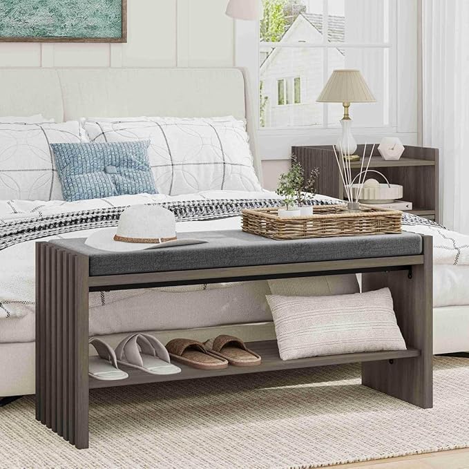 BON AUGURE Shoe Storage Bench, Entryway Bench with Cushion, Ottoman Benches for Bedroom, Living Room, Shoe Rack Seat for Hallway Entry (Greige Oak, 40 Inch Wide)