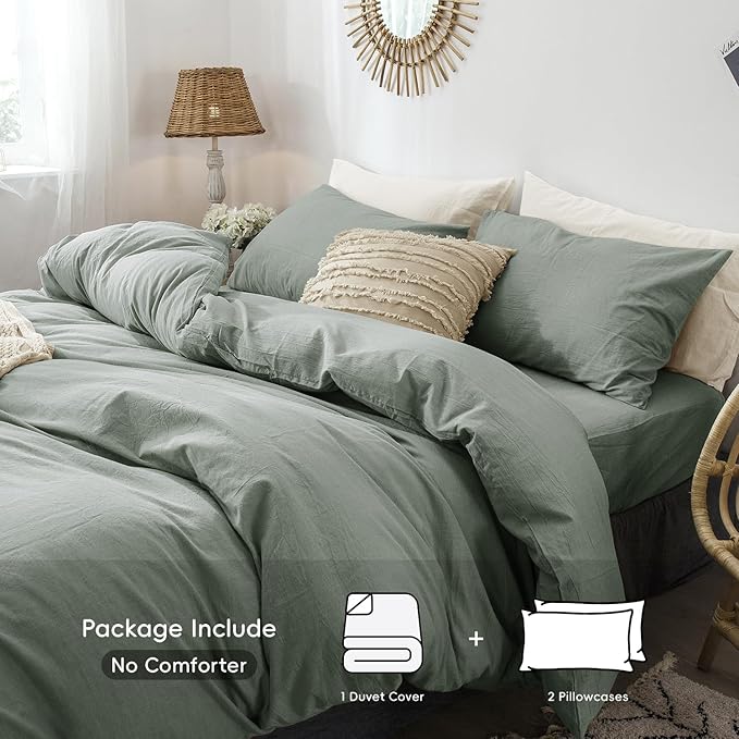 MooMee Bedding Duvet Cover Set 100% Washed Cotton Linen Like Textured Breathable Durable Soft Comfy (Heathered Green, Oversized Queen 98"x98")