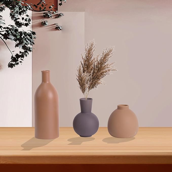 Ceramic Vase Set of 3, Rustic Modern Brown Vases for Bouquet, Fresh or Dried Plants, Home Decor-Modern Decorative Ceramic Flowers Vase for Rustic Home Decor (Brown- Grey)