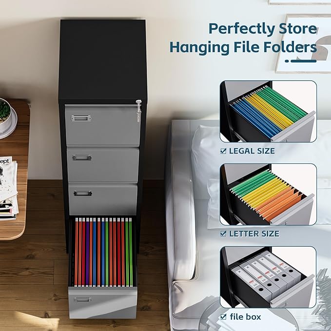 MIIIKO 4 Drawer File Cabinet, Metal Vertical Filing Cabinets with Lock, Home Office File Folders Storage Cabinet for Letter Legal A4 File Size