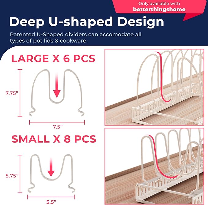 14 Compartments, 1 Large x 1 Compact Dual Rack Set - Pot and Pan Organizer Rack for Cabinet – Pot Lid Organizer for Kitchen Under Sink Drawer Pantry (White Sand, DUO SET)