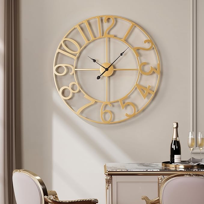 Large Wall Clock, 20 Inch Gold Decorative Wall Clocks Battery-Operated, Modern Metal Round Clock Silent Non Ticking Arabic Numerals for Living Room Kitchen Mantel Office Decor