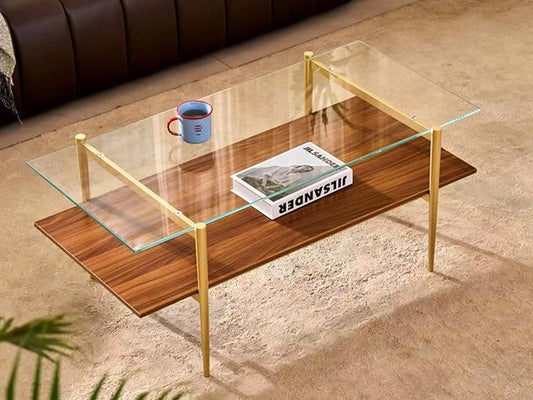 Shrine Rectangle Coffee Table, Mid-Century Modern Design, 2-Tier Structure, Clear Glass Top and Walnut MDF Shelf, 41" D x 21" W x 17" H, Sleek Conical Metal Legs with Gold Finish