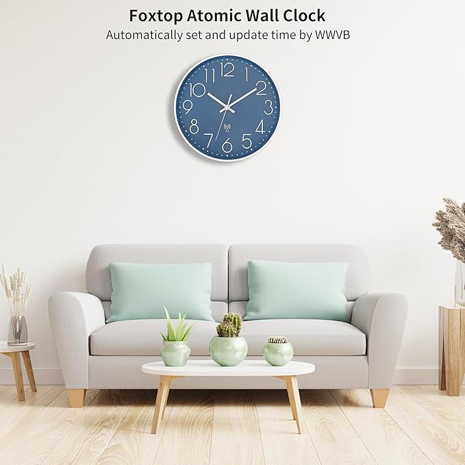 Foxtop Atomic Wall Clock Battery Operated Round Analog Modern Wall Clock Sets Automatically for Office Classroom Bedroom Kitchen Living Room (Cerulean)