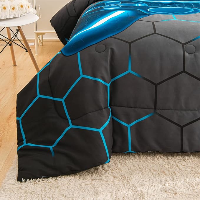 NTBED Game Console Comforter Set for Boys Girls Kids Gaming Geometric Lightweight Microfiber Bedding Sets (Blue, Queen 5Pcs)