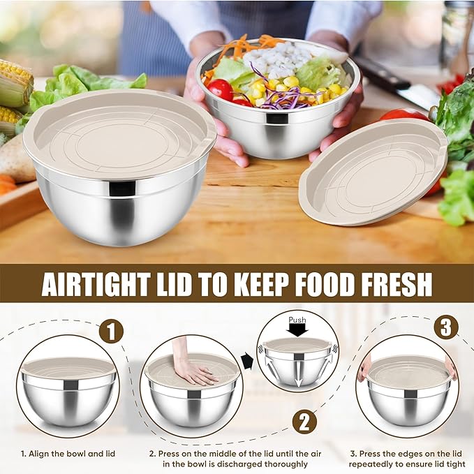 P&P CHEF Mixing Bowl with Airtight Lid Set of 5, 10-Piece Stainless Steel Nesting Salad Bowl Set for Prepping, Mixing and Serving, Size 4.6, 3, 1.5, 1, 0.7 QT, Rimmed Edges & Flat Base, Khaki
